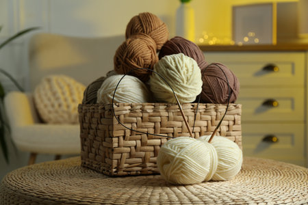 Wicker basket with colorful yarns and knitting needles on coffee table in cozy room