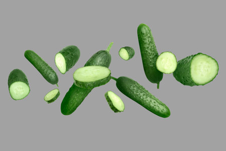 Many ripe cucumbers flying on grey backgroundの写真素材