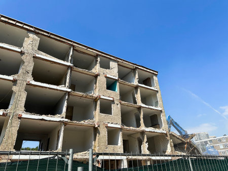 Demolition of building outdoors, low angle viewの写真素材