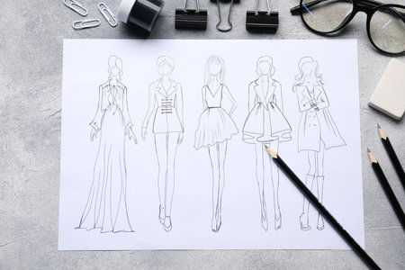 Sketch of stylish clothes and other fashion designer`s supplies on grey table, flat layの写真素材