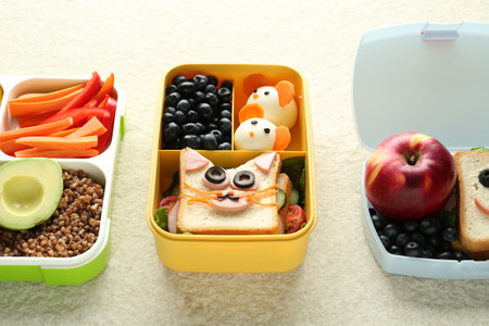 Lunch boxes with different snacks on beige textured table, closeupの写真素材