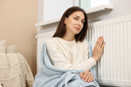 Woman with blanket warming near heating radiator at homeの写真素材