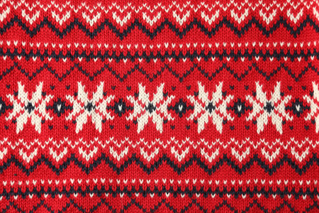 Texture of bright knitted fabric with pattern as background, top view