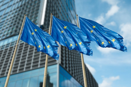 Flags of European Union near building outdoorsの写真素材