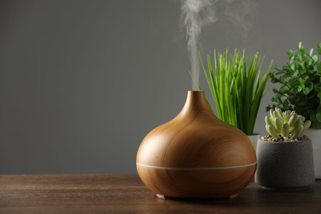 Aroma oil diffuser and houseplants on wooden table, space for textの写真素材