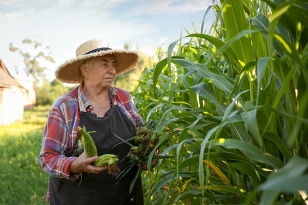 Senior farmer picking fresh ripe corn outdoorsの写真素材