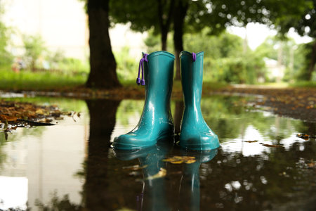 Pair of colorful rubber boots in puddle outdoors