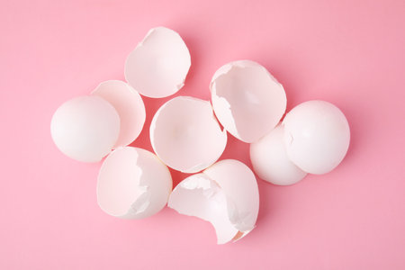 Broken eggshells on pink background, top viewの写真素材
