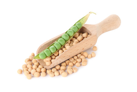 Dried peas, scoop and fresh green pod isolated on whiteの写真素材
