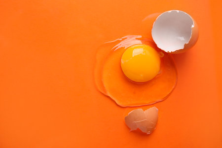 Broken raw egg and shell on orange background, top view. Space for text