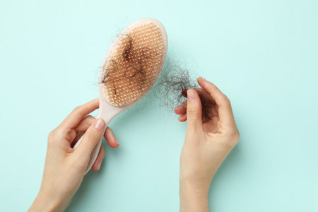 Woman taking her lost hair from brush on light blue background, top view. Alopecia problemの写真素材