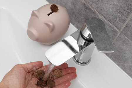 Water saving concept. Woman with coins under tap water in bathroomの写真素材