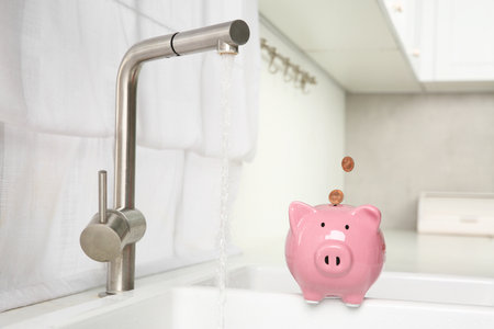 Water saving concept. Coins falling into piggy bank and stream of water flowing from tap in kitchenの写真素材