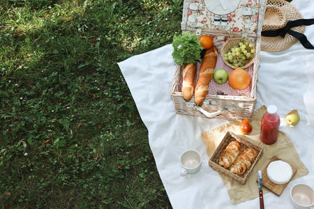 Picnic wicker baskets with delicious food, tableware and drink on white blanket outdoors, above view. Space for textの写真素材