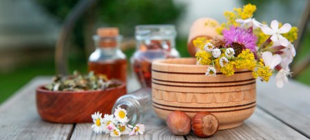 Different ingredients for tincture, mortar and pestle on wooden bench outdoorsの写真素材