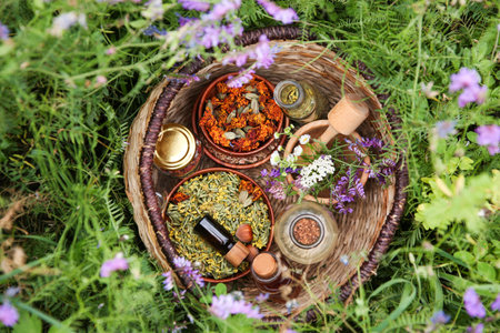 Different ingredients for tincture, mortar and pestle in wicker basket on green grass outdoors, top viewの写真素材