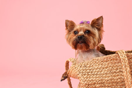 Cute Yorkshire Terrier dog in wicker bag on pink background, space for textの写真素材