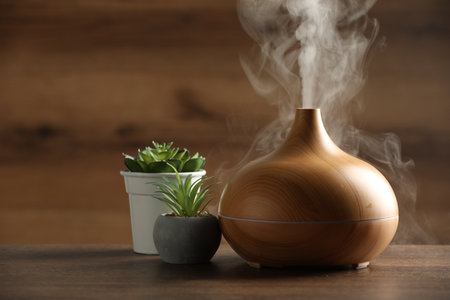 Aroma oil diffuser and houseplants on wooden tableの写真素材