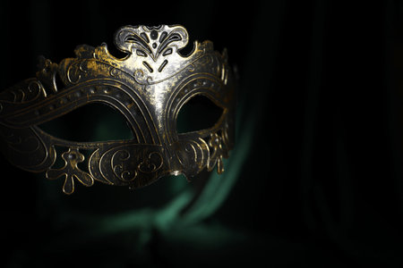 Beautiful carnival mask on black background, closeup. Space for textの写真素材