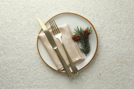 Christmas table setting with plate, cutlery, fir branch and cones, top viewの写真素材