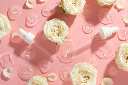 Beautiful rose flowers, pipettes and drops of cosmetic serum on pink background, flat layの写真素材