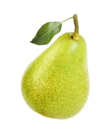 Fresh ripe pear with green leaf isolated on whiteの写真素材