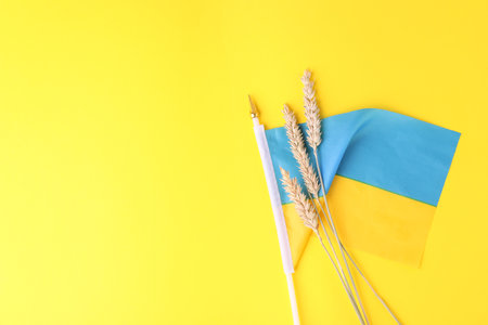 Ears of wheat and Ukrainian national flag on yellow background, flat lay. Space for textの写真素材