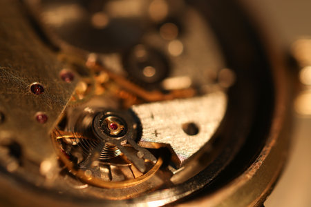 Mechanism of vintage wrist watch, closeup viewの写真素材