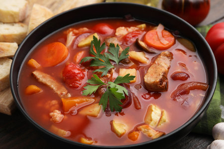 Tasty homemade stew with vegetables on table, closeupの写真素材