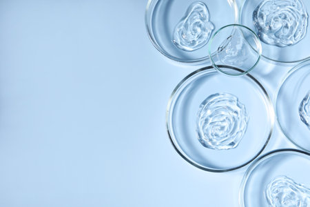 Petri dishes with samples on light blue background, top view. Space for text