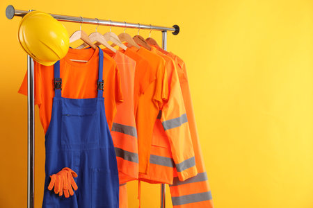 Workers' uniforms on clothing rack against yellow background. Space for textの写真素材