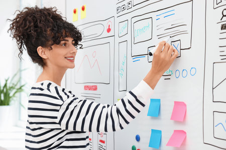Developing UI design. Woman drawing website wireframe on whiteboard indoorsの写真素材
