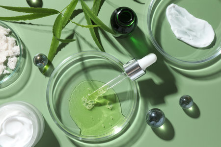 Petri dishes with cosmetic products, pipette and leaves on green background, flat layの写真素材