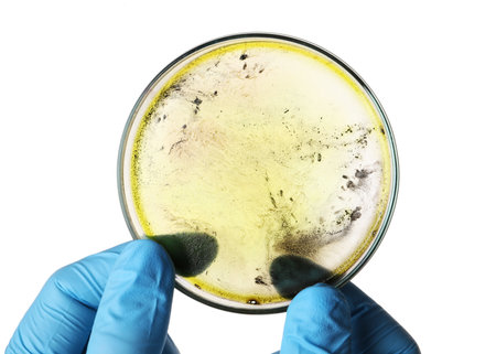 Laboratory worker holding petri dish with bacteria on white background, closeupの写真素材