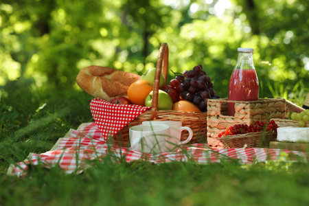 Picnic wicker baskets with delicious food, drink and tableware on checkered blanket outdoorsの写真素材