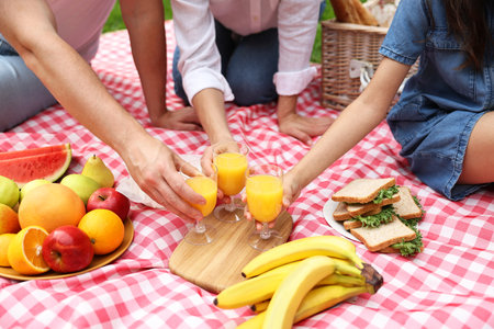 Family having picnic on checkered blanket outdoors, closeupの写真素材