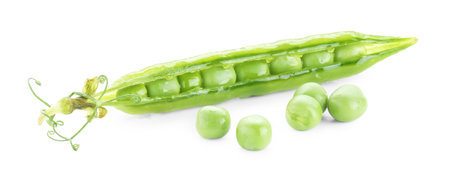 Green fresh peas and pod isolated on whiteの写真素材
