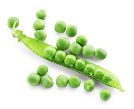 Green fresh peas and pod isolated on white, top viewの写真素材