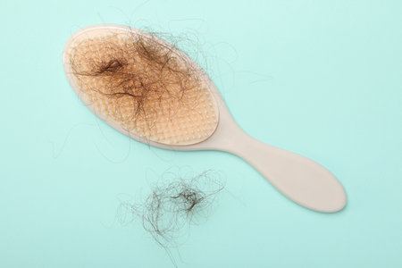 One brush with lost hair on light blue background, top viewの写真素材