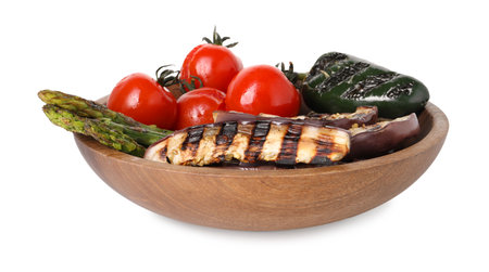 Delicious grilled vegetables in bowl isolated on whiteの写真素材