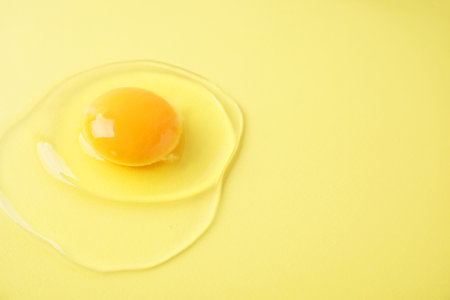 One raw egg on yellow background, closeup. Space for textの写真素材