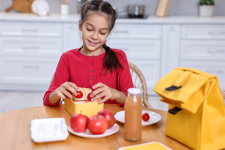 Cute girl putting tomatoes into lunch box at wooden table in kitchen. Preparing for schoolの写真素材
