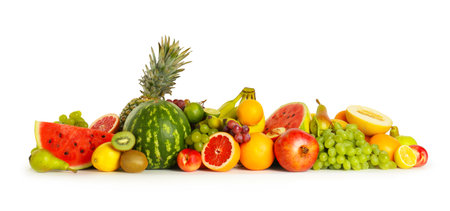Many fresh ripe fruits isolated on whiteの写真素材