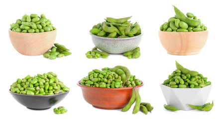 Fresh green soy beans in bowls isolated on whiteの写真素材