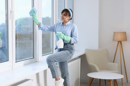Beautiful young woman with spray bottle of detergent and napkin cleaning window indoorsの写真素材