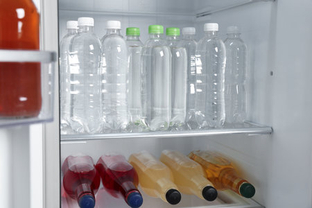 Many different cold drinks in refrigerator, closeupの写真素材