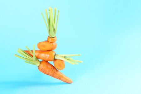 Whole and cut fresh carrots on light blue background, space for textの写真素材