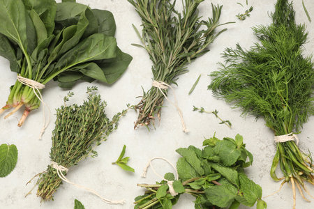 Bunches of different fresh herbs on light textured table, flat layの写真素材