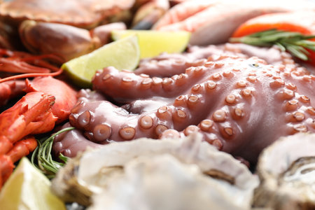 Many different sea food as background, closeupの写真素材