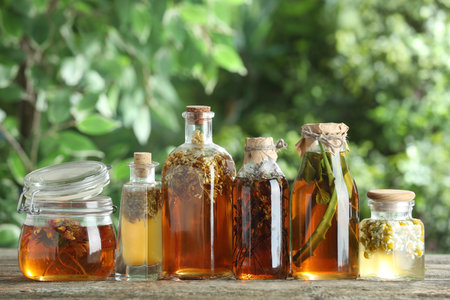 Different natural tinctures on wooden table outdoorsの写真素材